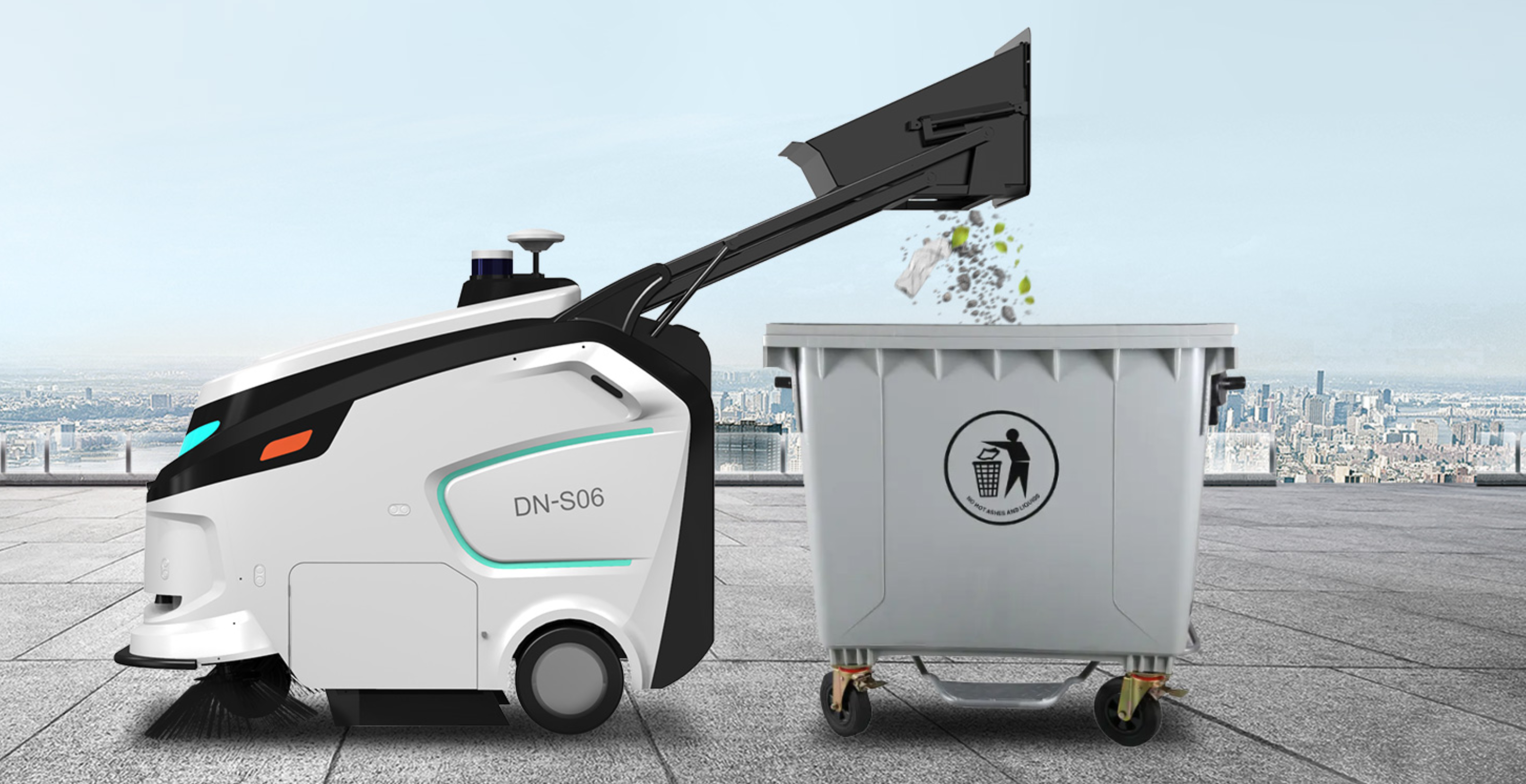 DONI DN-S06 commercial cleaning robot dumping waste into a bin
