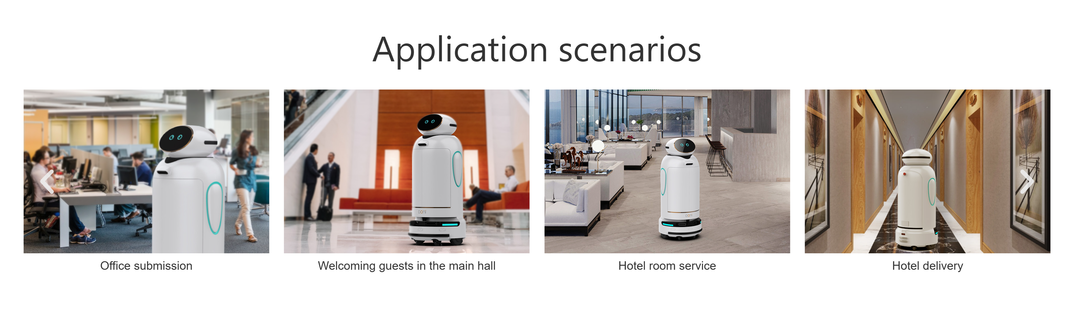 DONI service robot delivering in a hotel hallway