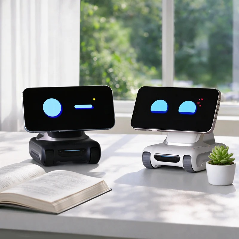 LOOI robot with phone attached showing expressive digital eyes