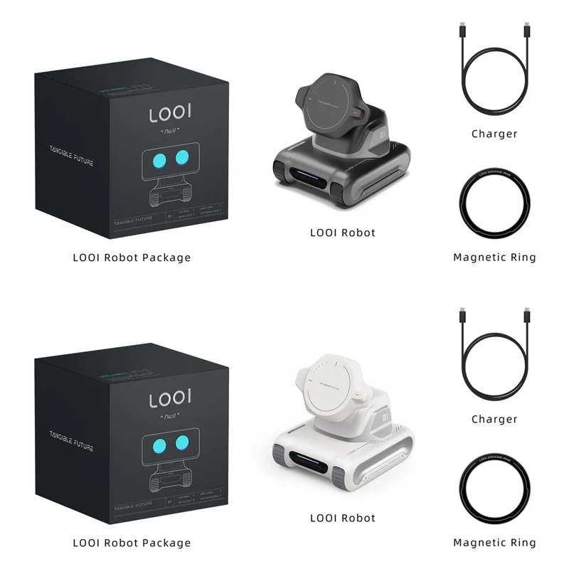LOOI robot package contents, charger and magnetic ring